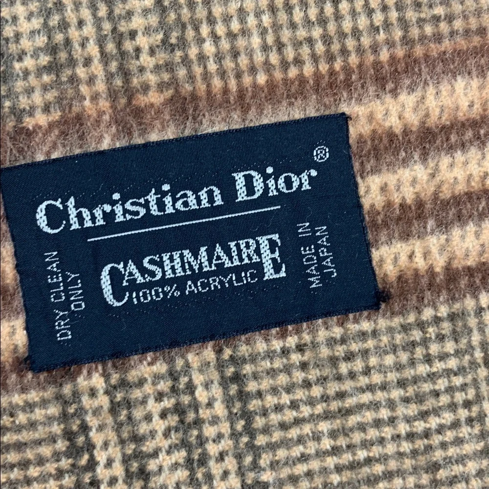 Vintage Christian Dior Tan and Brown plaid stripe Scarf Cashmaire Acrylic Japan